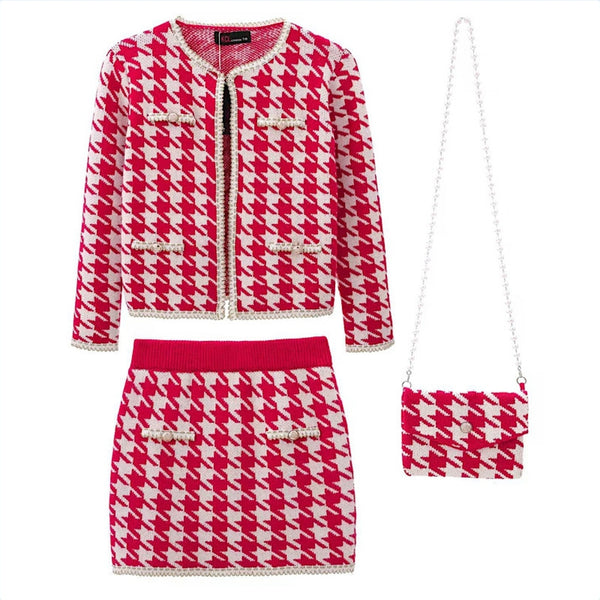Girls Red Houndstooth 3pc Skirt Set ~ 4-12y