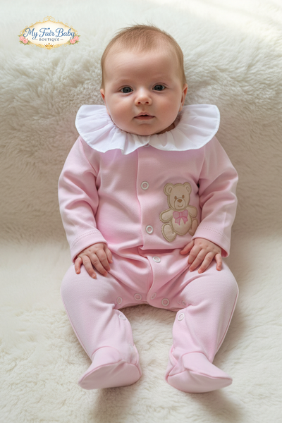 Spanish Baby Girls Pink Teddy Cotton Sleepsuit/Babygrow SG263