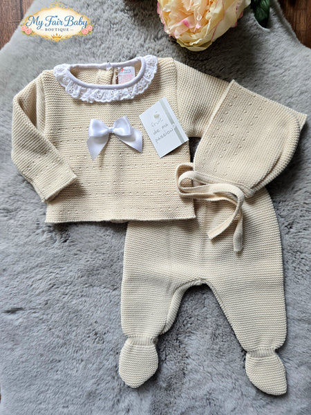 Spanish Baby Girls Biscuit & White Knitted 3PC Set ~ 0-3m