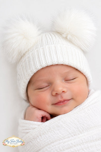 Traditional Unisex Baby White Double Fur Pom Pom Hats