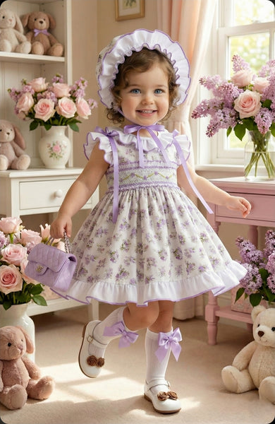 Sonata Infantil SS26 Girls Lilac Floral Smocked Puffball Dress VE2608 ~ MADE TO ORDER