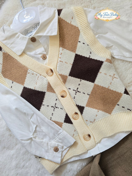 Beau Kid Traditional Boys Camel Argyle Tank Top 3pc Set 2817 ~ 1-7y