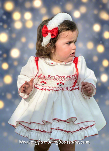 Sonata Infantil AW25 Spanish Girls White & Red Velvet Smocked Puffball Dress IN2511 ~ MADE TO ORDER