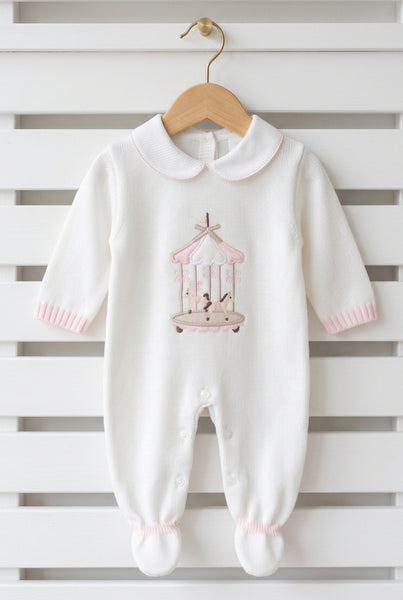 Spanish Baby Girls White & Pink Knitted Carousel Sleepsuit/Babygrow 5798 ~ 1-6m