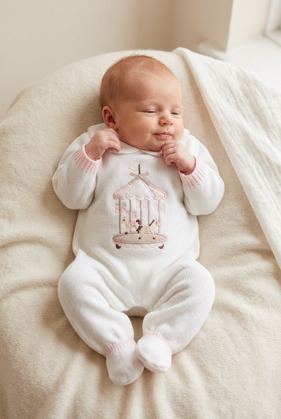 Spanish Baby Girls White & Pink Knitted Carousel Sleepsuit/Babygrow 5798 ~ 1-6m