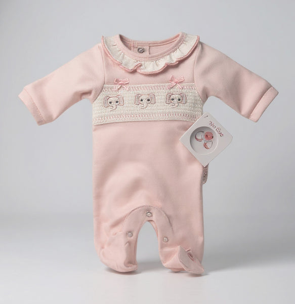 Traditional Baby Girls Pink Smocked Elephant Sleepsuit - Prem & NB