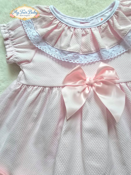 Spanish Girls Pink Waffle Bow & Lace Dress V004 ~ 3-36m