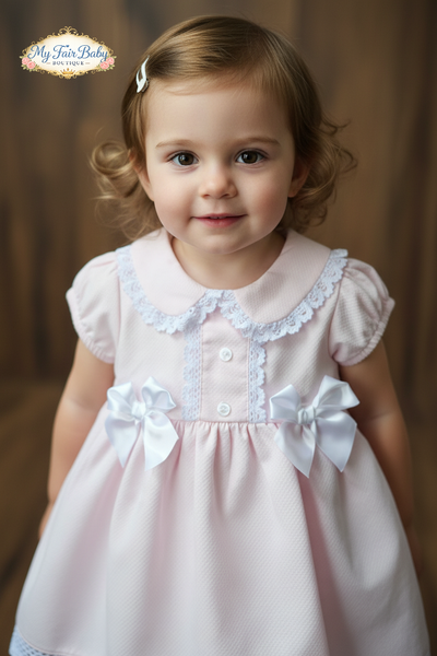 Spanish Girls Pink Waffle Bow & Lace Dress 0499 ~ 12-24m