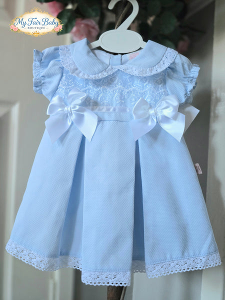 Spanish Baby Girls Blue Pique Pleated Dress V004B
