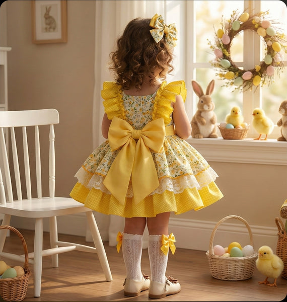 Sonata Infantil SS26 Girls Lemon Floral Puffball Dress VE2607 ~ MADE TO ORDER