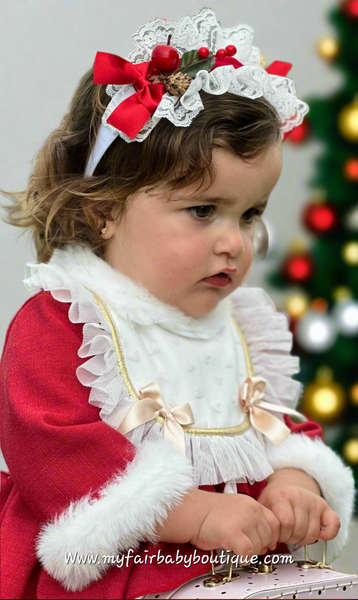 Sonata Infantil AW25 Spanish Girls Red & Gold Lace Christmas Puffball Dress IN2512 ~ MADE TO ORDER