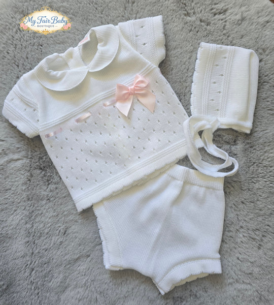 Spanish Baby Girls White & Pink Knitted Jam Pant 3pc Set ~ 0-3m