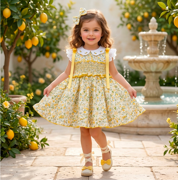 Sonata Infantil SS26 Girls Yellow Floral Smocked Puffball Dress VE2632 ~ MADE TO ORDER