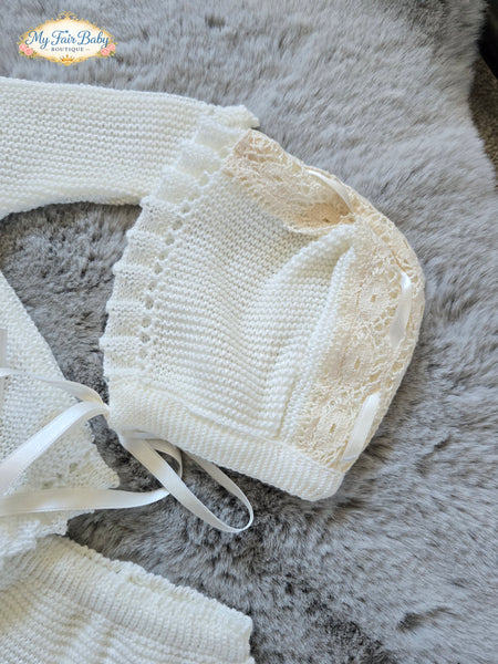 Spanish Creaciones Gavidia Unisex Baby Cream Knitted 3pc Lace Set 2124