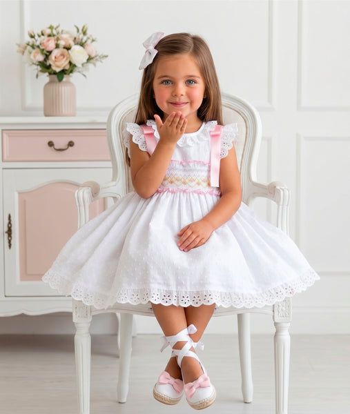 Sonata Infantil SS26 Girls White Plumetti Smocked Puffball Dress VE2631 ~ MADE TO ORDER