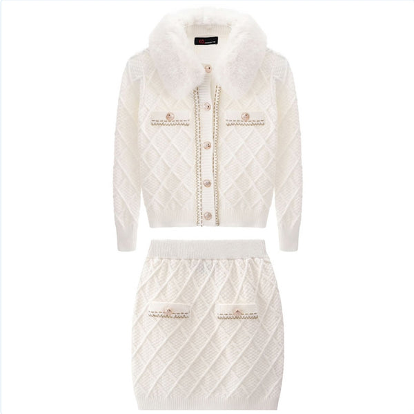Girls Cream Diamond Knit Fur Cardigan & Skirt Set ~ 4-8y