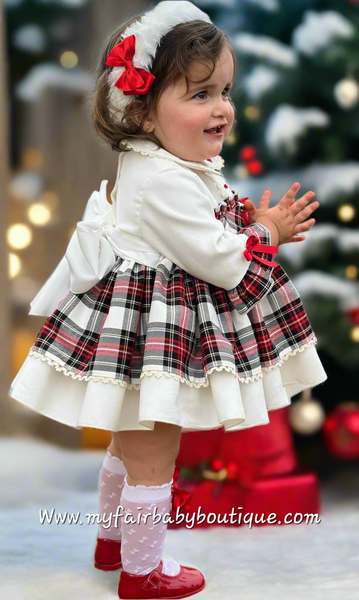 Sonata Infantil AW25 Spanish Girls Ivory Velvet & Red Plaid Christmas Puffball Dress IN2503 ~ MADE TO ORDER