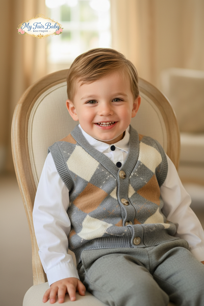 Beau Kid Traditional Boys Grey Argyle Tank Top 3pc Set 2817 ~ 1-7y