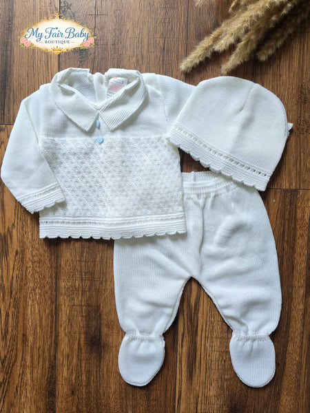 Spanish Baby Boys White & Blue Knitted 3PC Set ~ 0-3 months