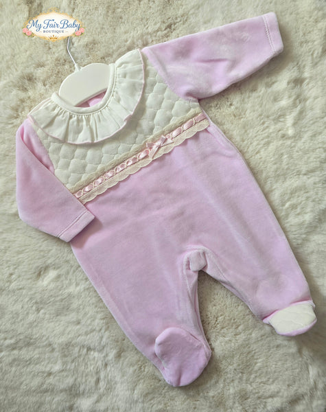 Spanish Baby Girls Pink & Cream Velour Sleepsuit/Babygrow ~ NB-6m