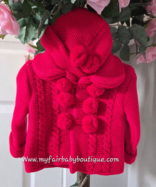 Spanish Unisex Baby Red Knitted Pom Pom Jacket & Hat Set ~ 3,18m