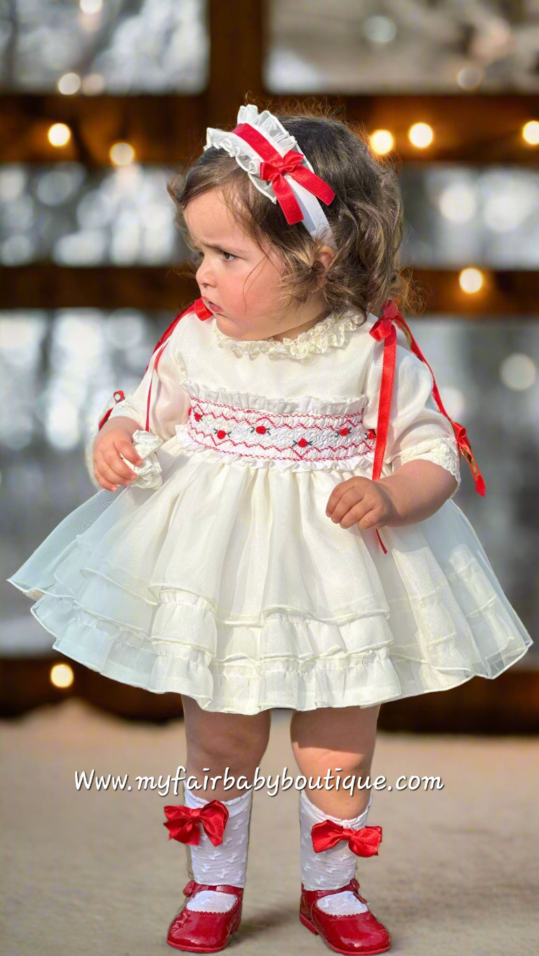 Sonata Infantil AW25 Spanish Girls Ivory & Red Organza Smocked Puffball Dress IN2521 ~ MADE TO ORDER