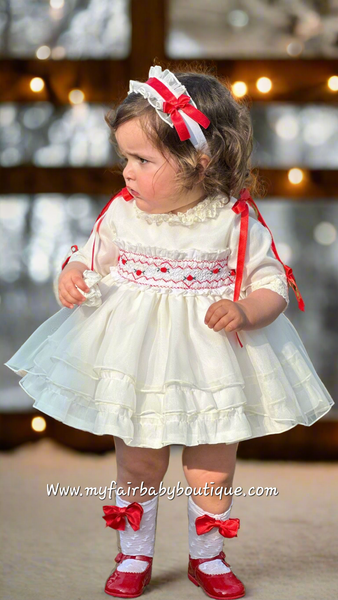 Sonata Infantil AW25 Spanish Girls Ivory & Red Organza Smocked Puffball Dress IN2521 ~ MADE TO ORDER