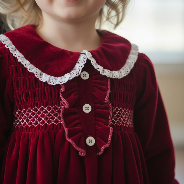 Beau Kid Traditional Girls Red Velvet Smocked Dress 112219 ~ 4-5y