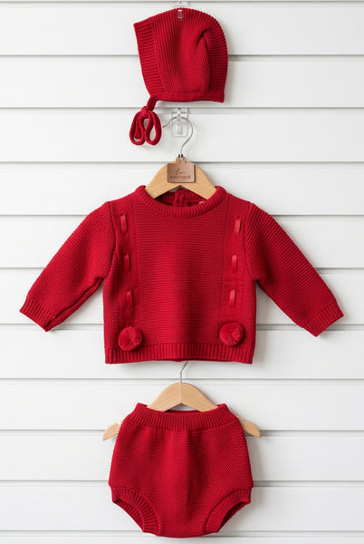 Spanish Unisex Baby Red Knitted Jam Pant 3pc Set