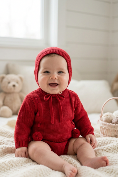 Spanish Unisex Baby Red Knitted Jam Pant 3pc Set