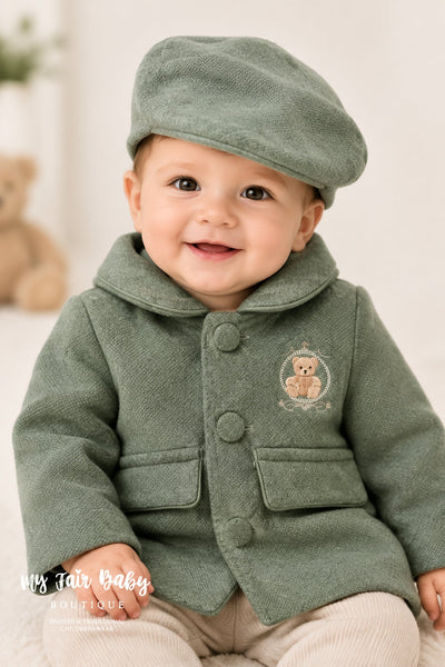 Beau Kid Traditional Baby Boys Forest Green Teddy Jacket & Cap ~ 0-24m