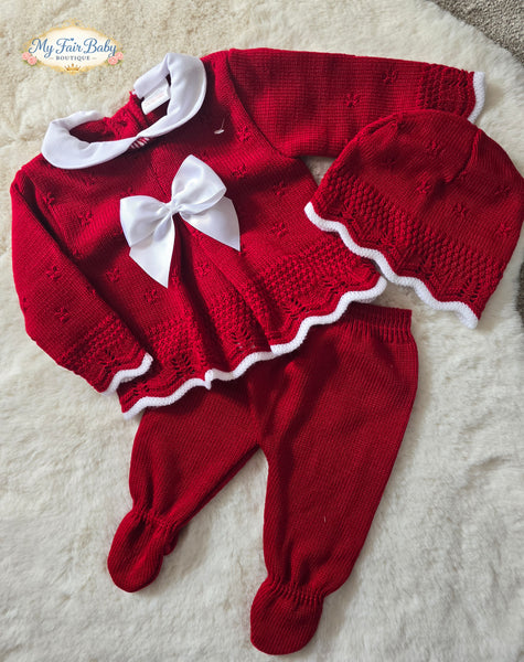 Spanish Baby Girls Red & White Knitted 3pc Set ~ 0-3m