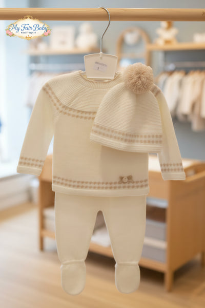 Spanish Unisex Baby Cream & Camel Knitted 3PC Set C2024 - 3-9M