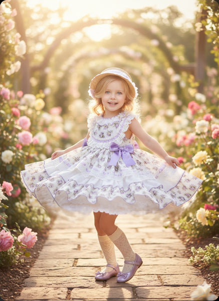 Sonata Infantil SS26 Girls Lilac Floral Puffball Dress VE2609 ~ MADE TO ORDER