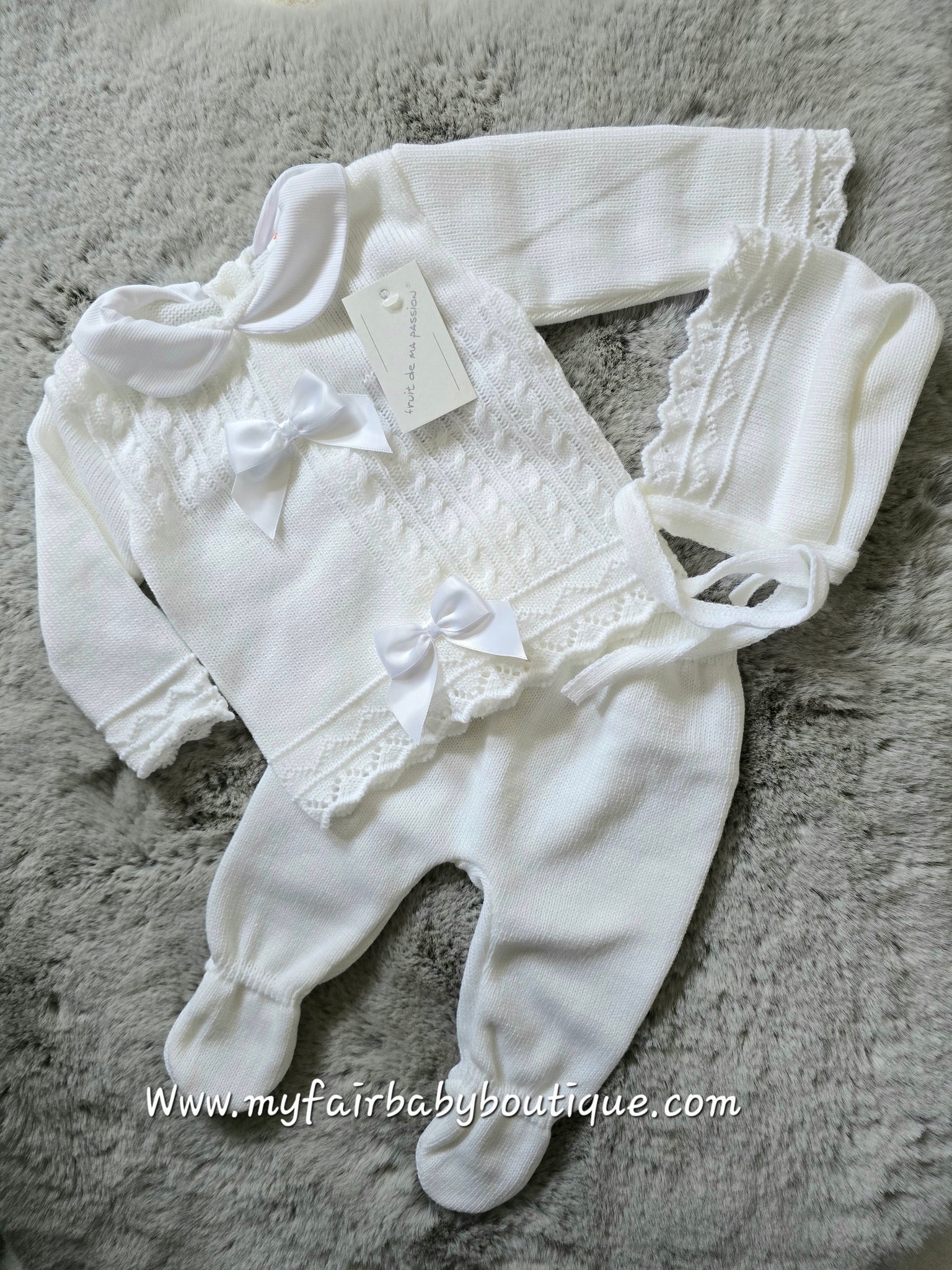 Spanish Baby Girls White Knitted 3pc Set ~ 0-3 months