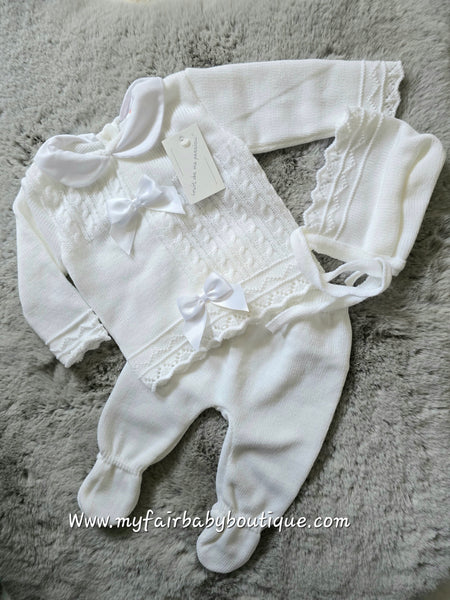 Spanish Baby Girls White Knitted 3pc Set ~ 0-3 months