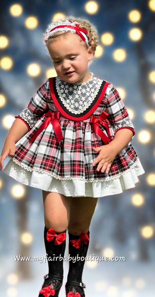 Sonata Infantil AW25 Spanish Girls Red Plaid Christmas Puffball Dress IN2501 ~ MADE TO ORDER