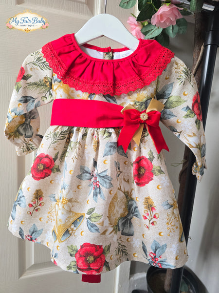 Traditional Girls Red Printed Christmas Dress ~ 1-6y