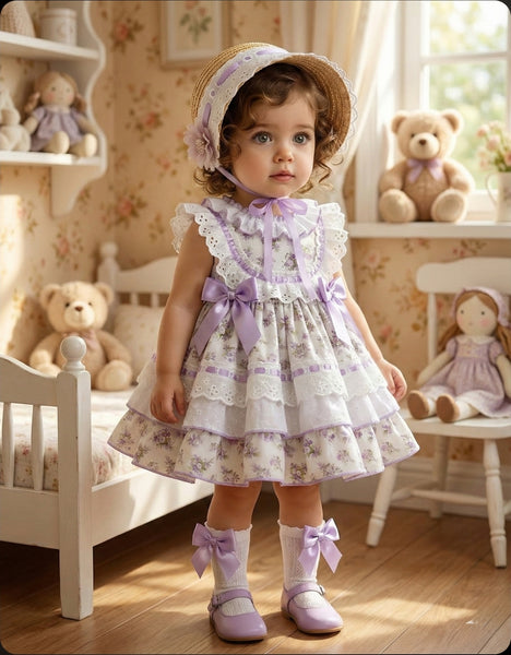 Sonata Infantil SS26 Girls Lilac Floral Puffball Dress VE2609 ~ MADE TO ORDER