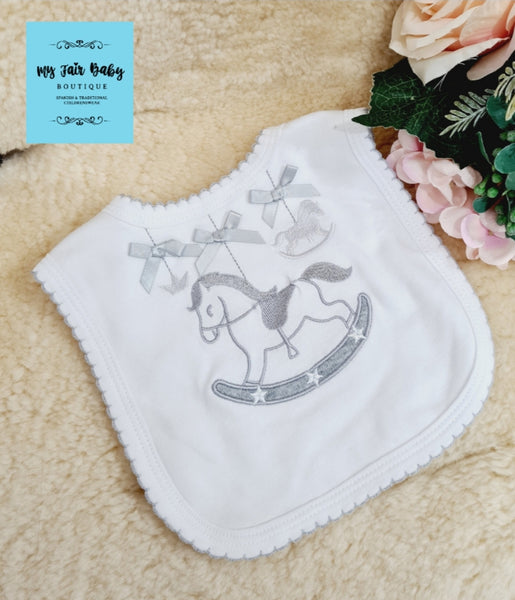 Unisex Baby White & Grey Rocking Horse Bib