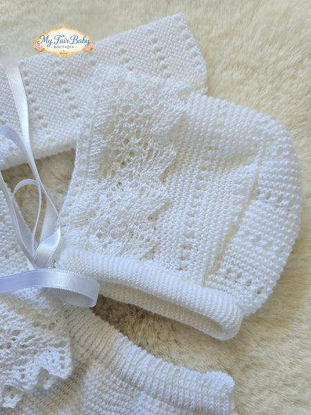 Spanish Creaciones Gavidia Unisex Baby White Knitted 3pc Lace Set 6132