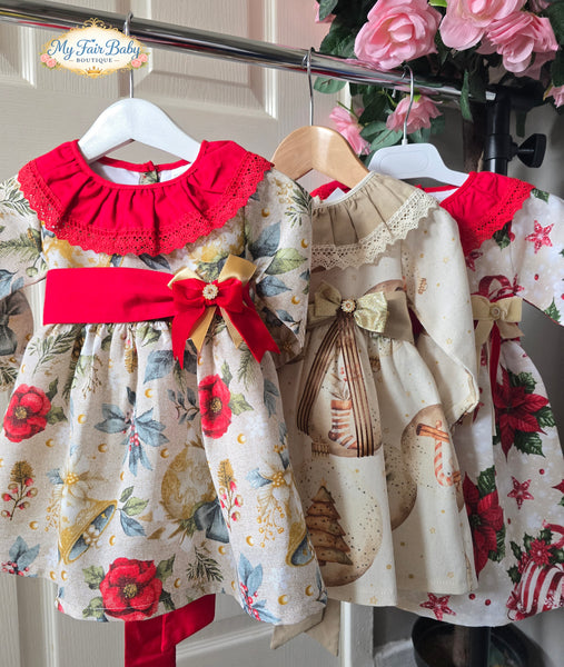Traditional Girls Red Printed Christmas Dress ~ 1-6y
