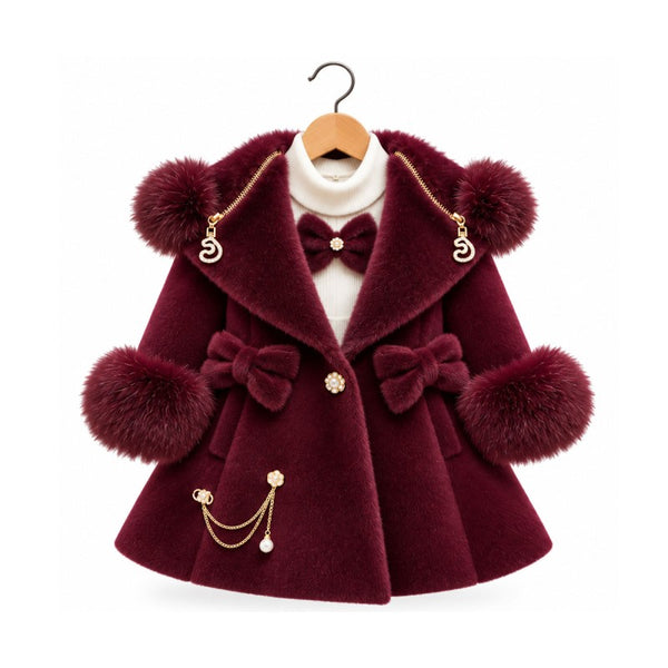 Traditional Girls Burgundy Fur Winter Coat & Dress Set ~ 2-11y