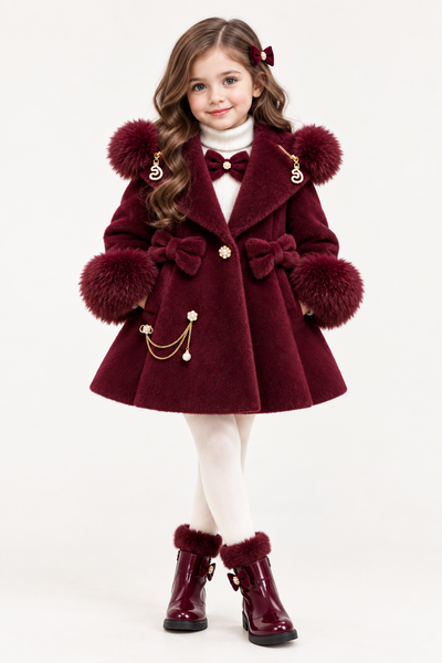 Traditional Girls Burgundy Fur Winter Coat & Dress Set ~ 2-11y