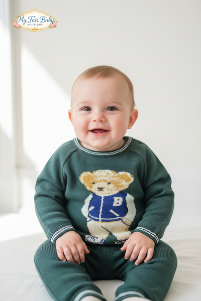 Traditional Baby Boys Green Knitted Teddy Trouser Set
