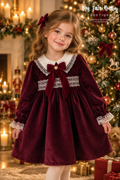 Spanish Girls Burgundy Velvet Lace Trimmed Bow Dress ~ 1-5y