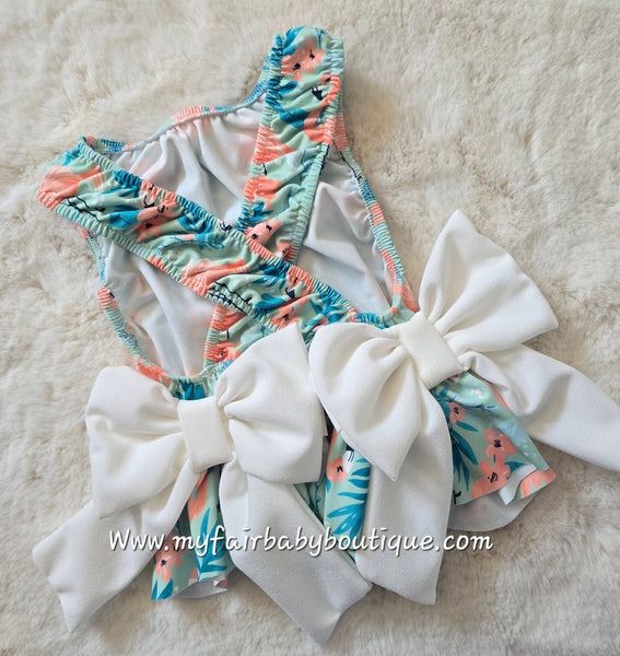 Girls Mint Flamingo Print Bow Swimsuit ~ 2-12y