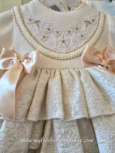 Sonata Infantil AW25 Spanish Girls Cream & Gold Christmas Puffball Dress IN2516 ~ MADE TO ORDER