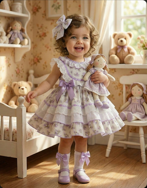 Sonata Infantil SS26 Girls Lilac Floral Puffball Dress VE2609 ~ MADE TO ORDER