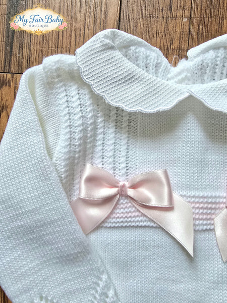 Spanish Baby Girls White & Pink Knitted 3pc Set ~ 0-3m
